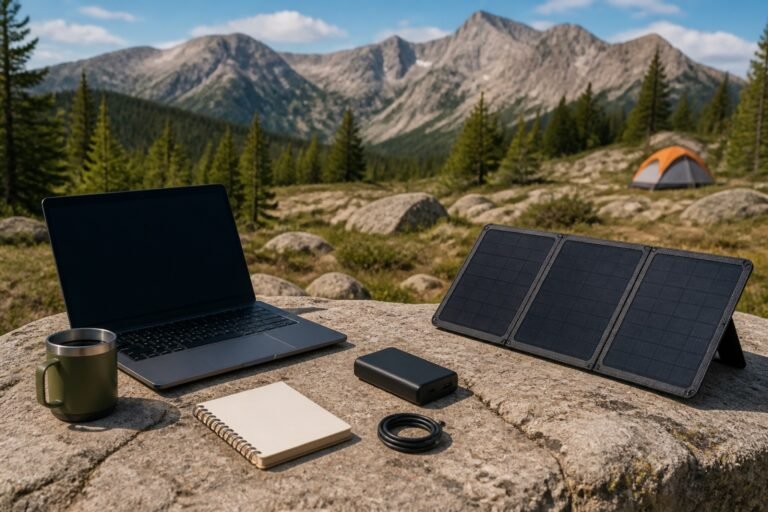 Unbranded laptop, folding solar panel, compact battery, and coiled USB-C cable arranged on a stone field desk in the mountains