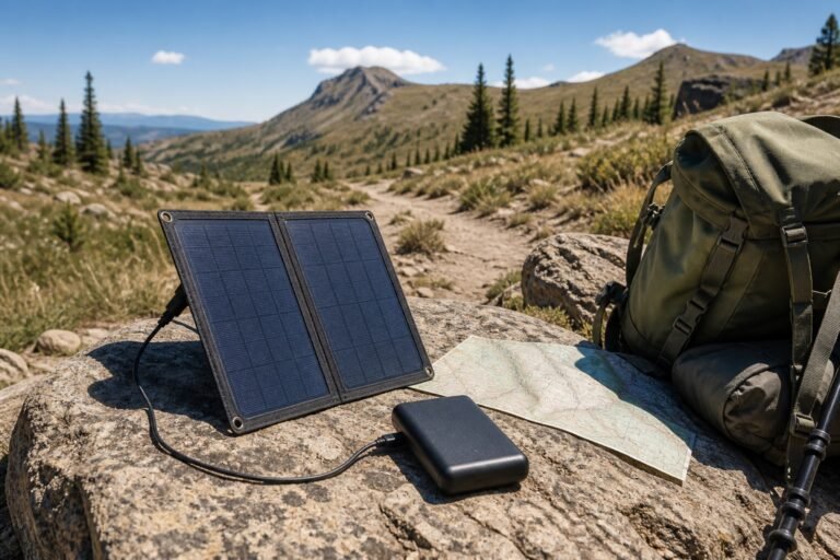 Compact folding solar panel connected to a power bank beside a backpack and trail map in the mountains