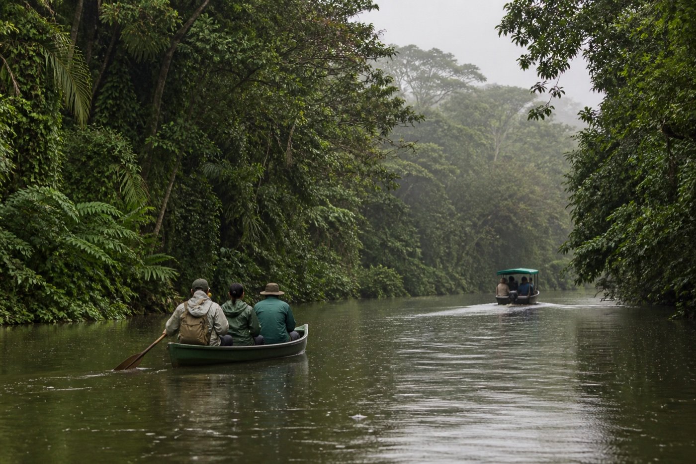 Small paddle canoe and a covered motorboat traveling separately through a rain-damp Tortuguero canal