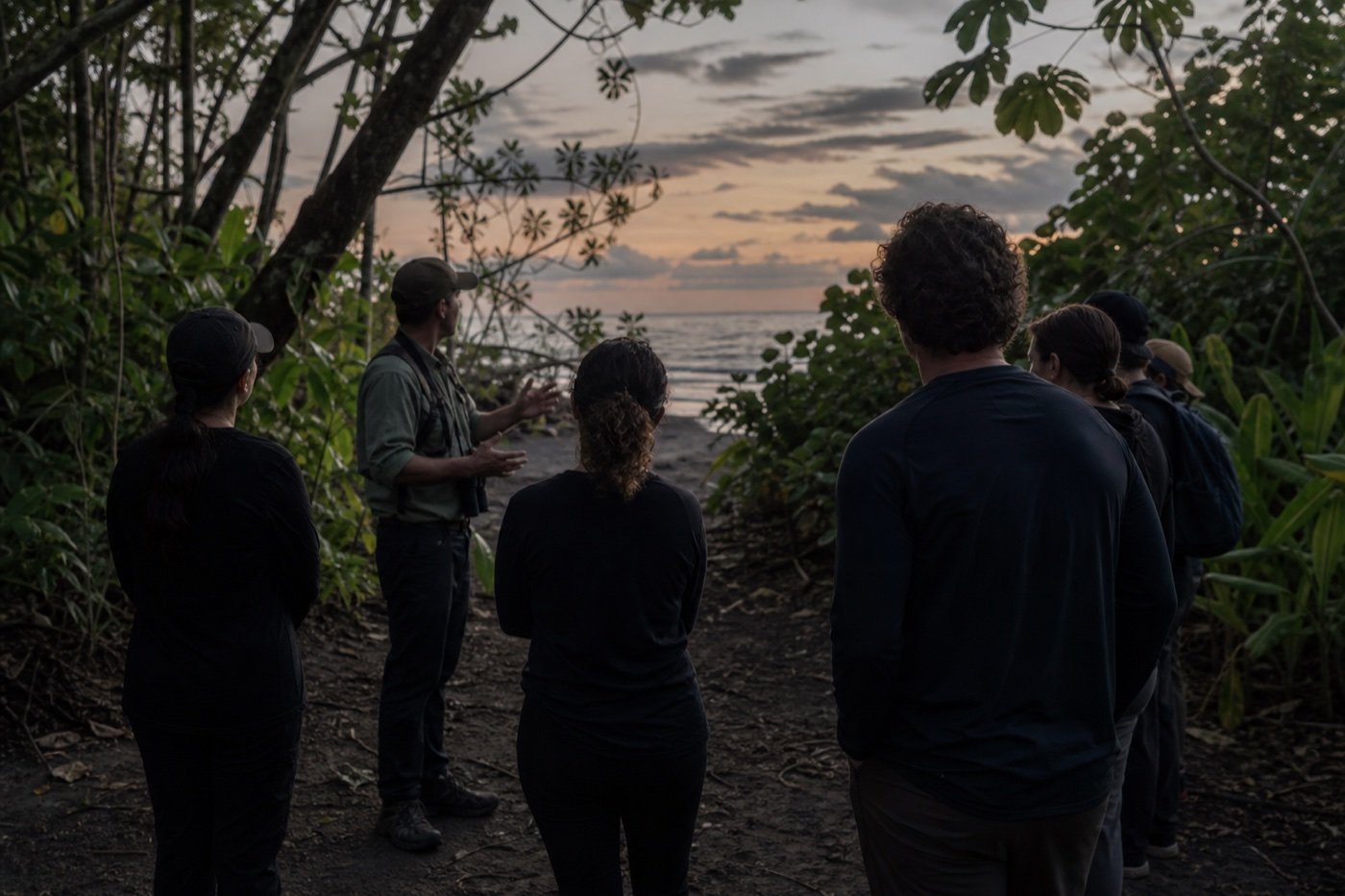 Small group in dark clothing listening to a guide at a protected Tortuguero beach access path at dusk