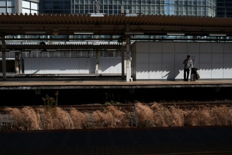 Traveler standing with a suitcase on an empty train platform