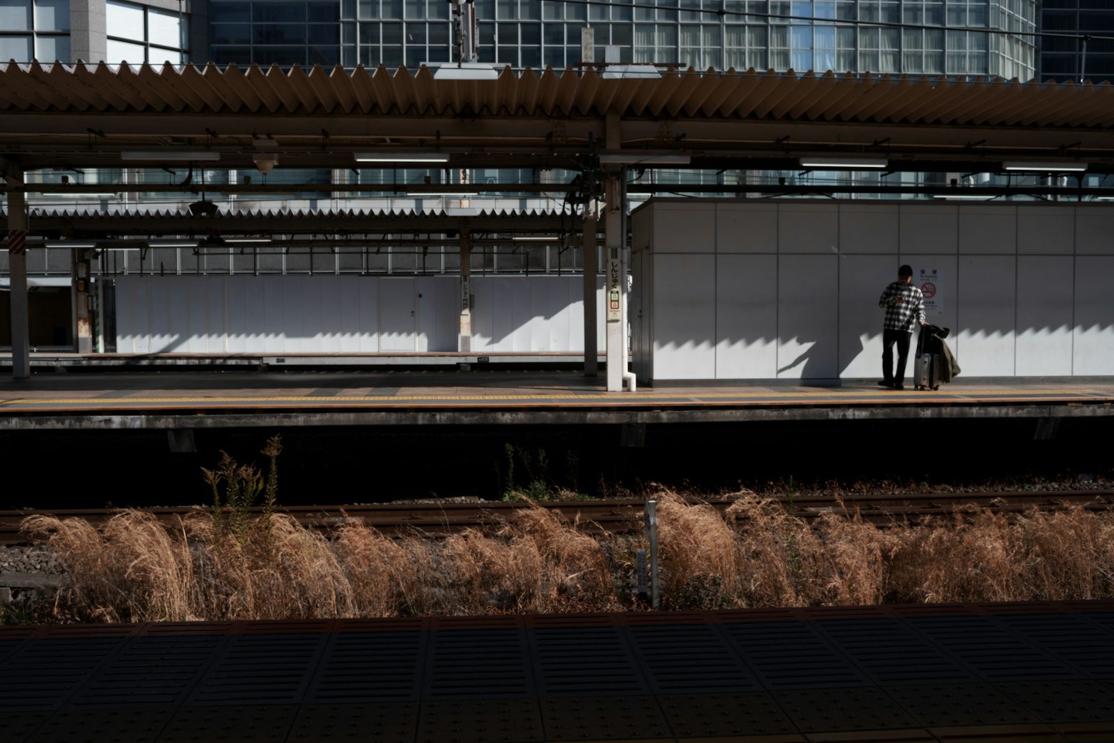 Traveler standing with a suitcase on an empty train platform