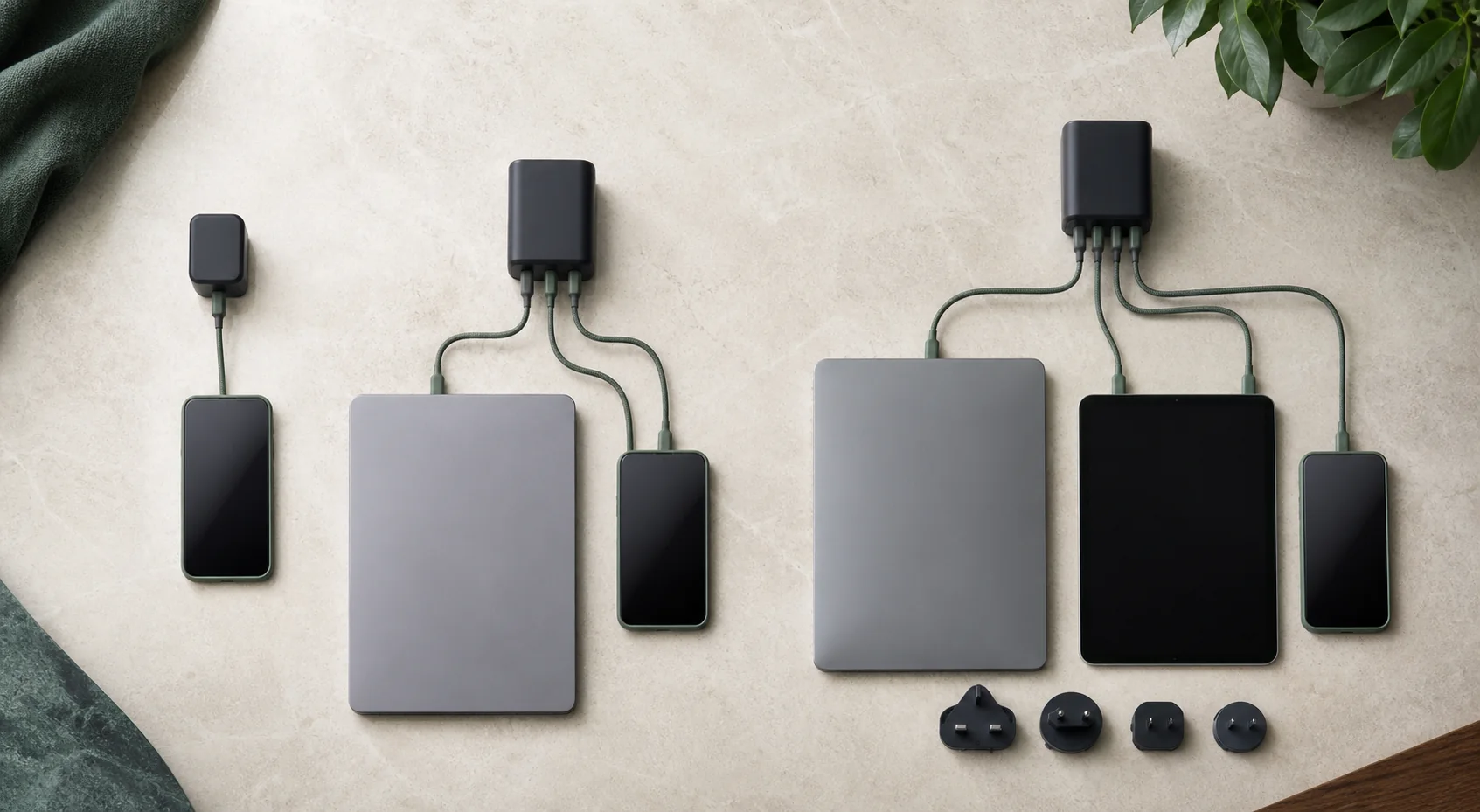 Unbranded single-port, three-port, and four-port USB-C travel chargers with plug heads
