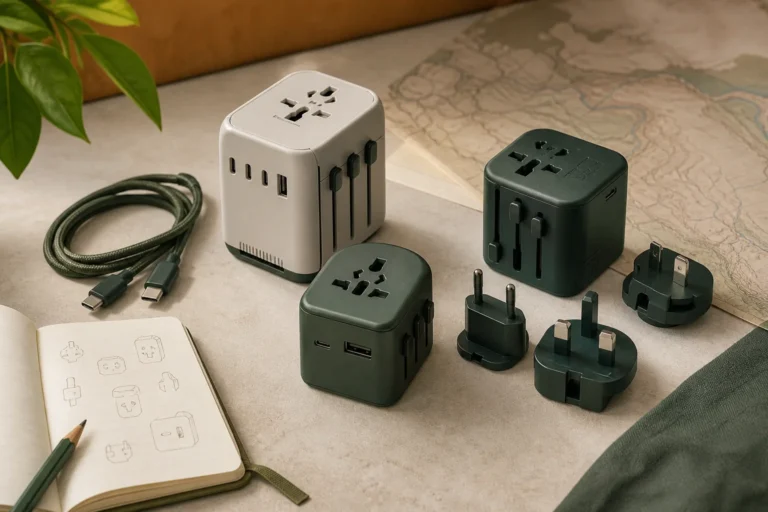 Three USB-C travel adapter formats beside plug-type cards and charging cables