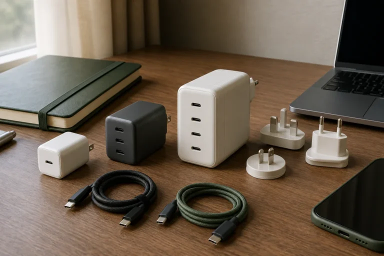 Three USB-C travel chargers beside interchangeable plug heads and charging cables