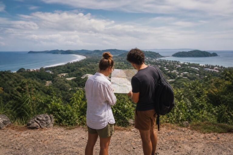 Two travelers comparing a map from a Pacific coast overlook with developed beach and quieter forested coastline in view