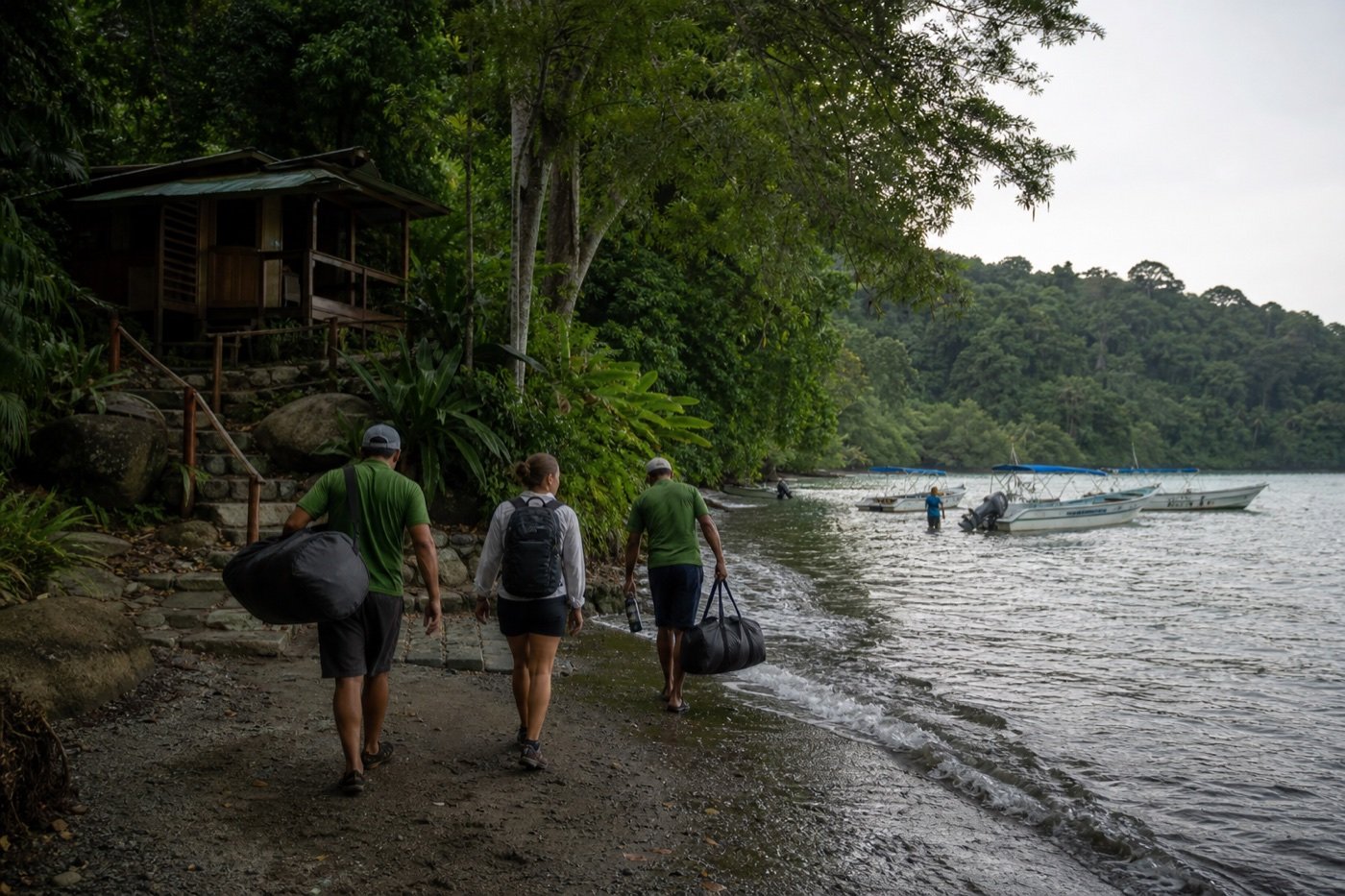 Travelers and lodge staff carrying soft luggage from boats along a wet Drake Bay beach toward a forest lodge