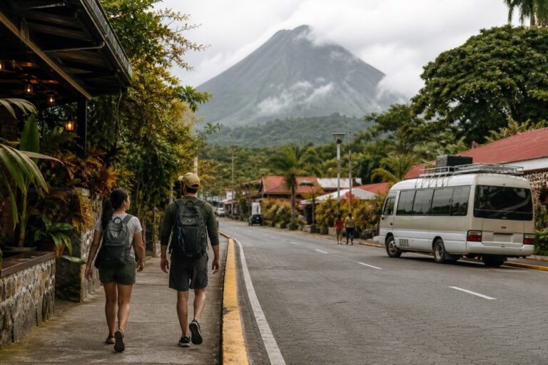 Two travelers walking through La Fortuna while a small tour shuttle waits with Arenal Volcano in the distance