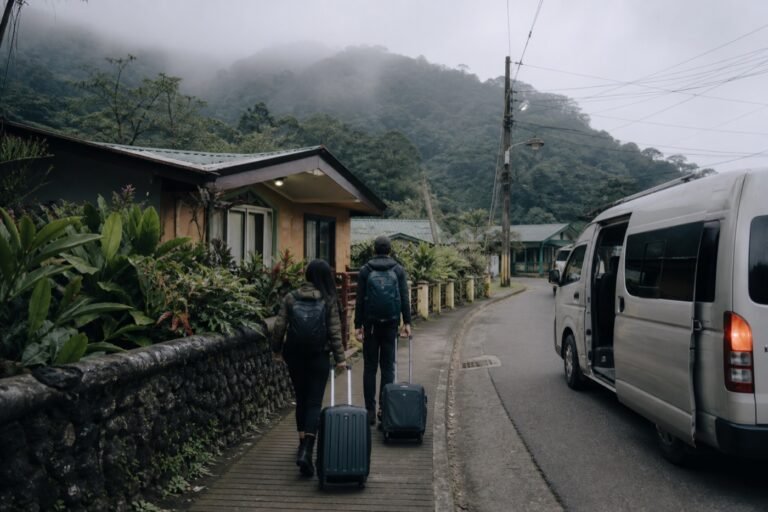 Two travelers rolling luggage along a misty Monteverde roadside toward a small guesthouse beside a shuttle van