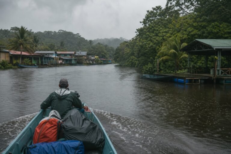 Passenger boat traveling through rain between Tortuguero village homes and a simple forest lodge dock with covered luggage