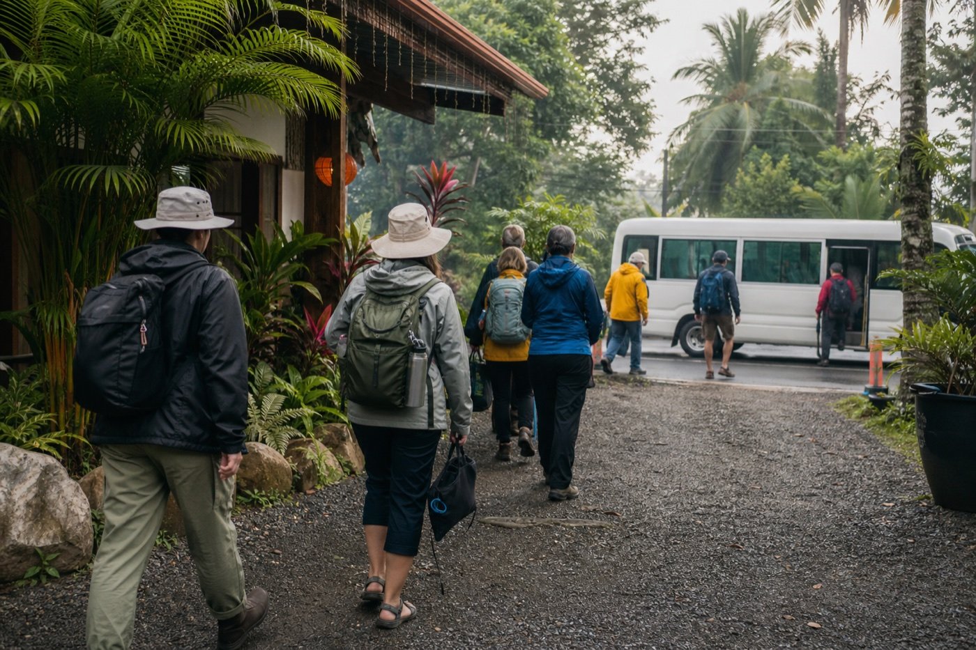 Travelers in rain and sun gear boarding a small shuttle outside a Uvita guesthouse before a marine tour