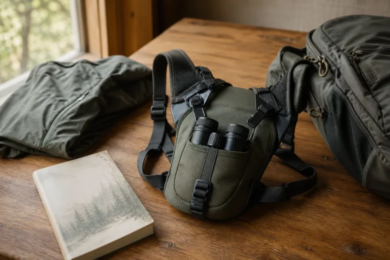 Binocular harness and binoculars resting on a field guide beside a rain jacket