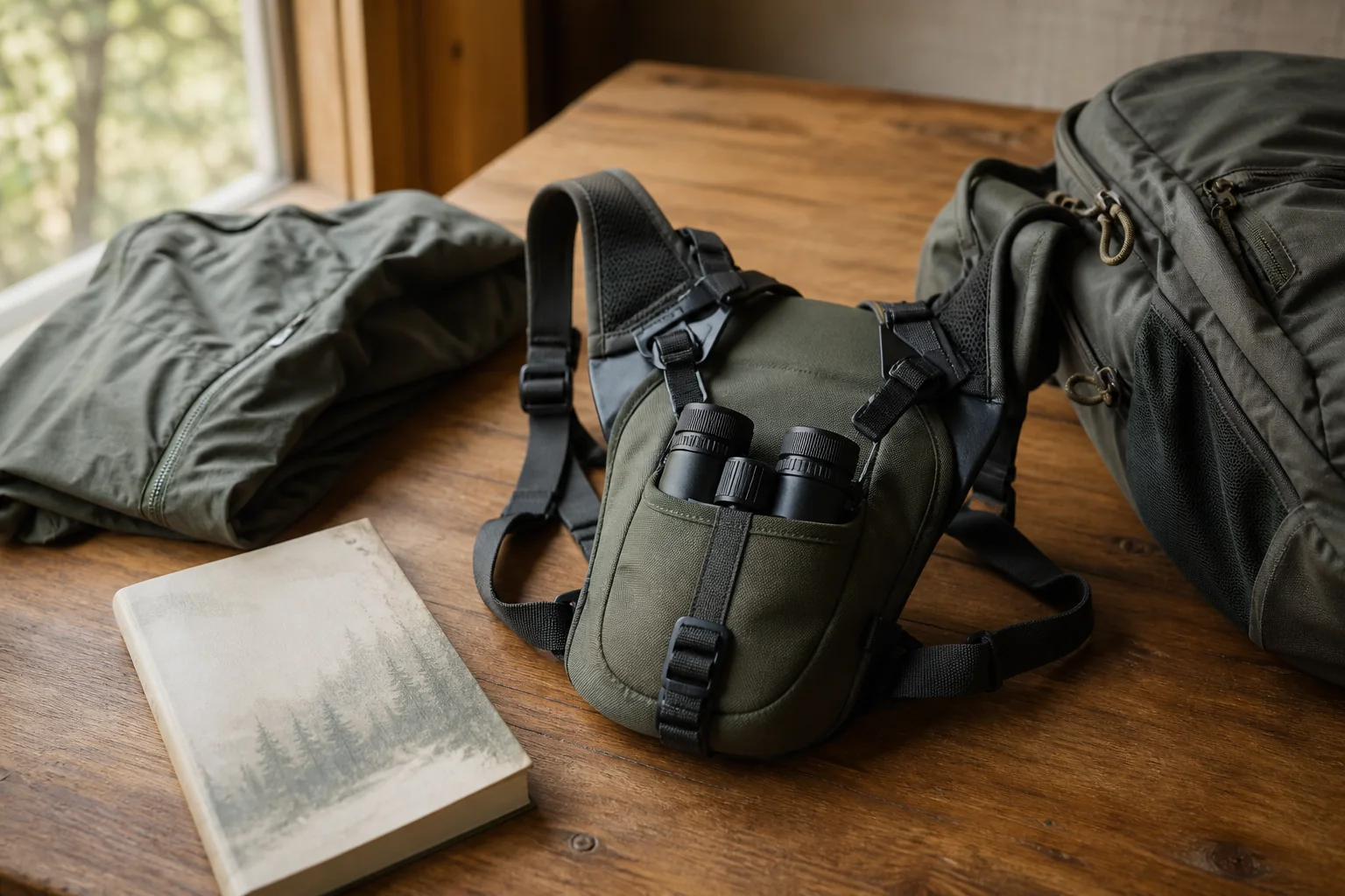 Binocular harness and binoculars resting on a field guide beside a rain jacket
