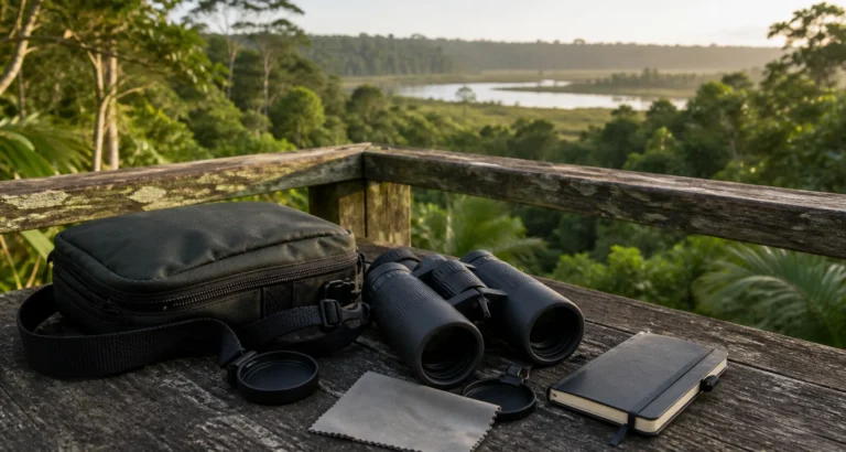 Travel binoculars, case, strap, and field notebook