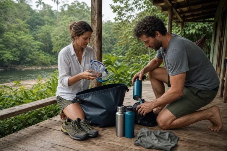Two travelers packing hiking shoes, reusable bottles, a dry bag, and snorkeling masks at a Belizean jungle lodge