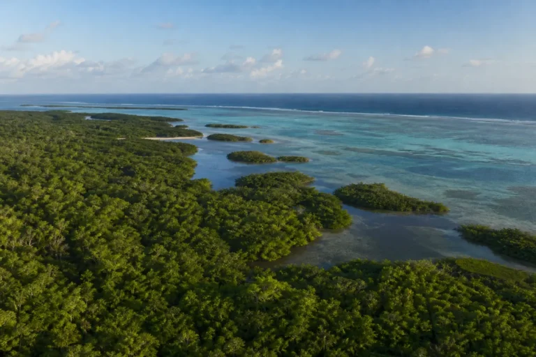 Aerial view of Belizean rainforest meeting mangrove cayes, turquoise shallows, and the barrier reef