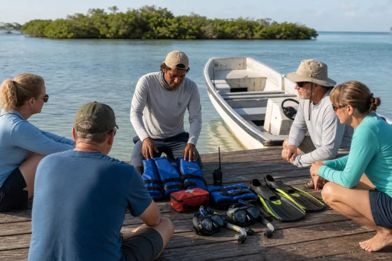 Belizean guide briefing four guests beside life jackets, first-aid kit, radio, fins, masks, and a small open boat