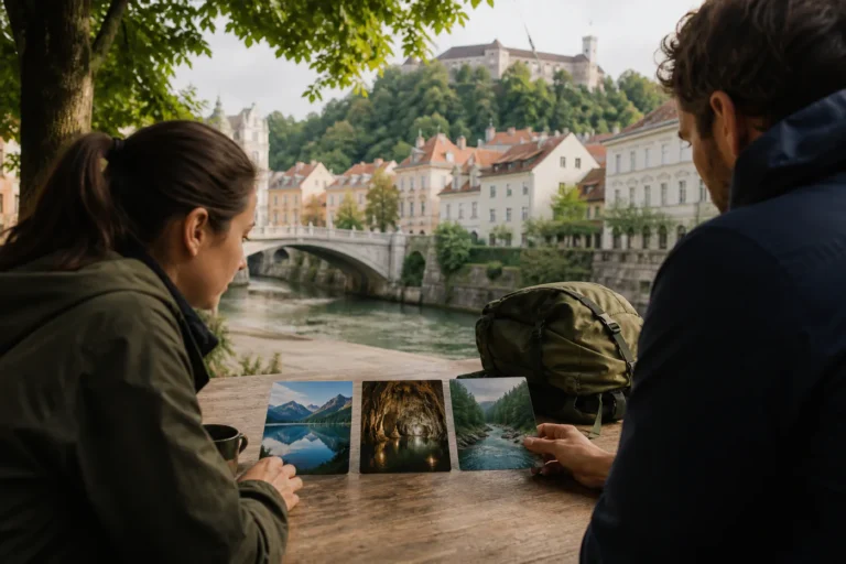 Two travelers comparing unlabelled alpine lake, cave, and river route cards at a table beside Ljubljana's river