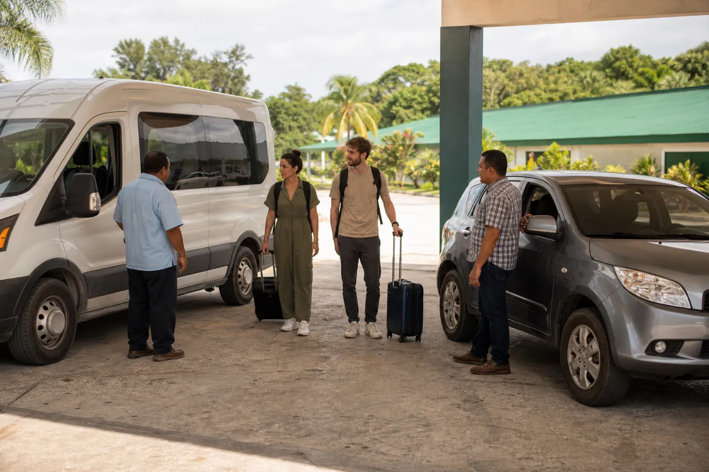 Two travelers with compact luggage comparing an unbranded shuttle van and compact rental SUV outside a Belizean airport