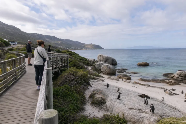 Visitors on the raised Boulders boardwalk watching African penguins from a respectful distance with the Cape Peninsula coast beyond
