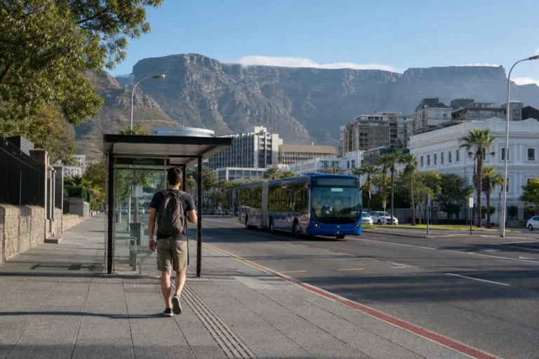 Traveler walking toward a modern city bus stop in central Cape Town with Table Mountain visible beyond the street