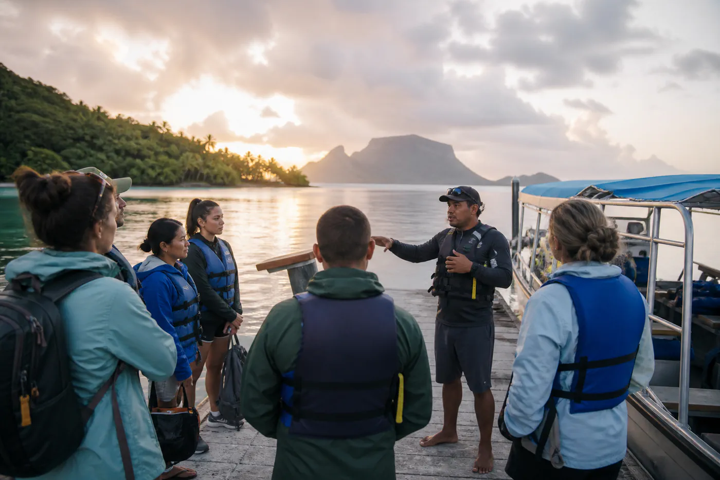Small group listening to a marine guide on a dock before boarding a covered boat for a Pacific reserve outing
