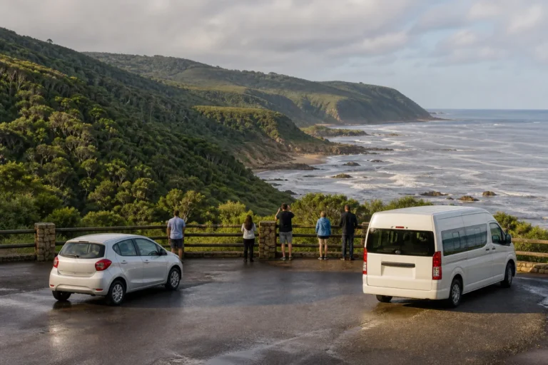 Compact rental car and small guided minibus parked apart at a forested Garden Route coastal overlook