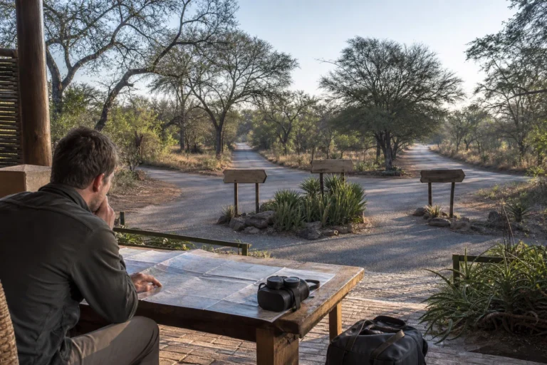 Traveler with luggage and an unlabeled map choosing among three lowveld road directions from a shaded lodge veranda