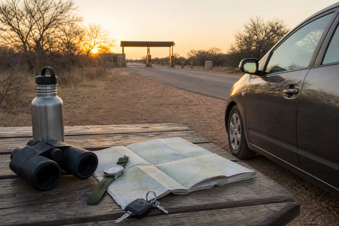 Unlabeled paper map, analog watch, binoculars, and vehicle keys on a field table beside a Kruger road at sunrise