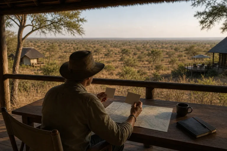 Traveler reviewing two safari stay options from a quiet lowveld lodge terrace above open savanna