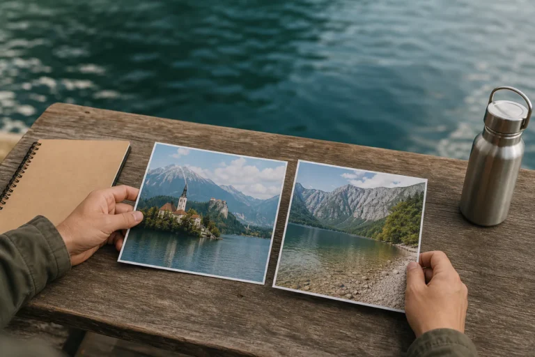 Two unlabelled alpine lake photographs on a wooden table beside hiking notes and a quiet Slovenian lakeshore
