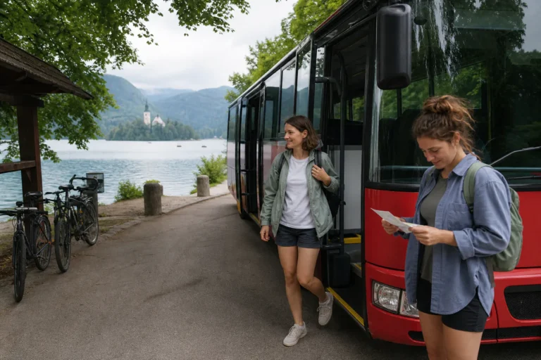 Travelers stepping from a red local bus near Lake Bled with bicycles and the Julian Alps beyond
