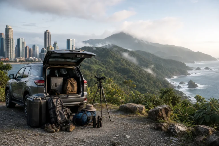 Three pieces of travel gear staged beside a small shuttle with skyline, cloud forest, and Pacific coast landscapes blending in the background