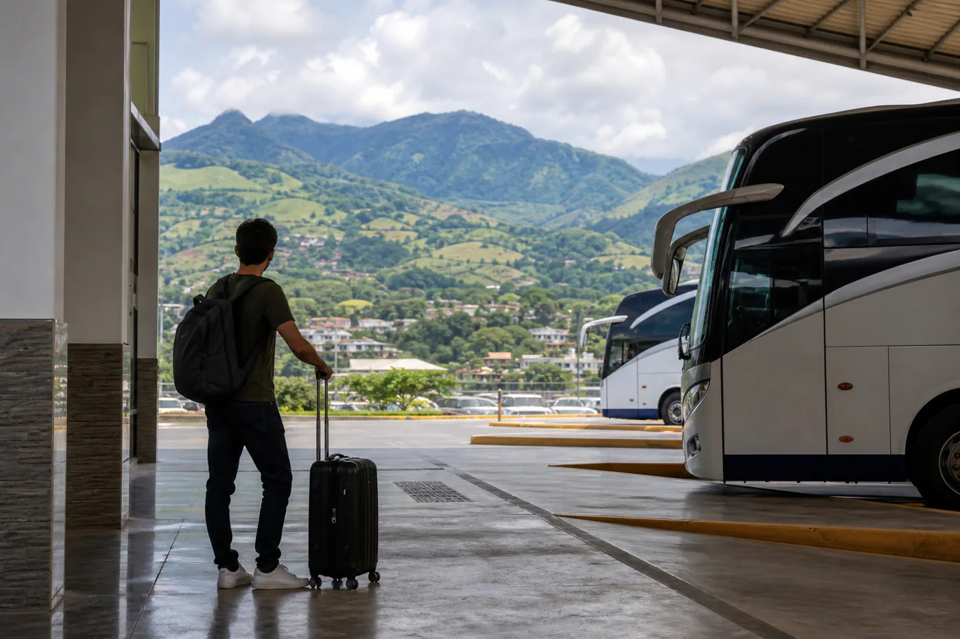 Traveler with soft luggage comparing a domestic departures board and an overland bus platform before a Panama highlands trip