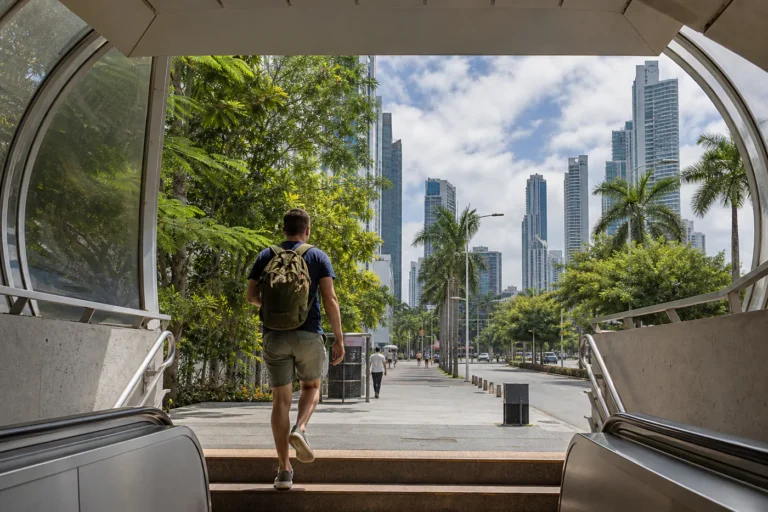 Traveler with a daypack stepping out of a Panama City metro station toward a skyline boulevard with tropical trees and distant hills