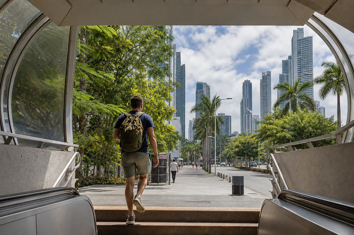 Traveler with a daypack stepping out of a Panama City metro station toward a skyline boulevard with tropical trees and distant hills