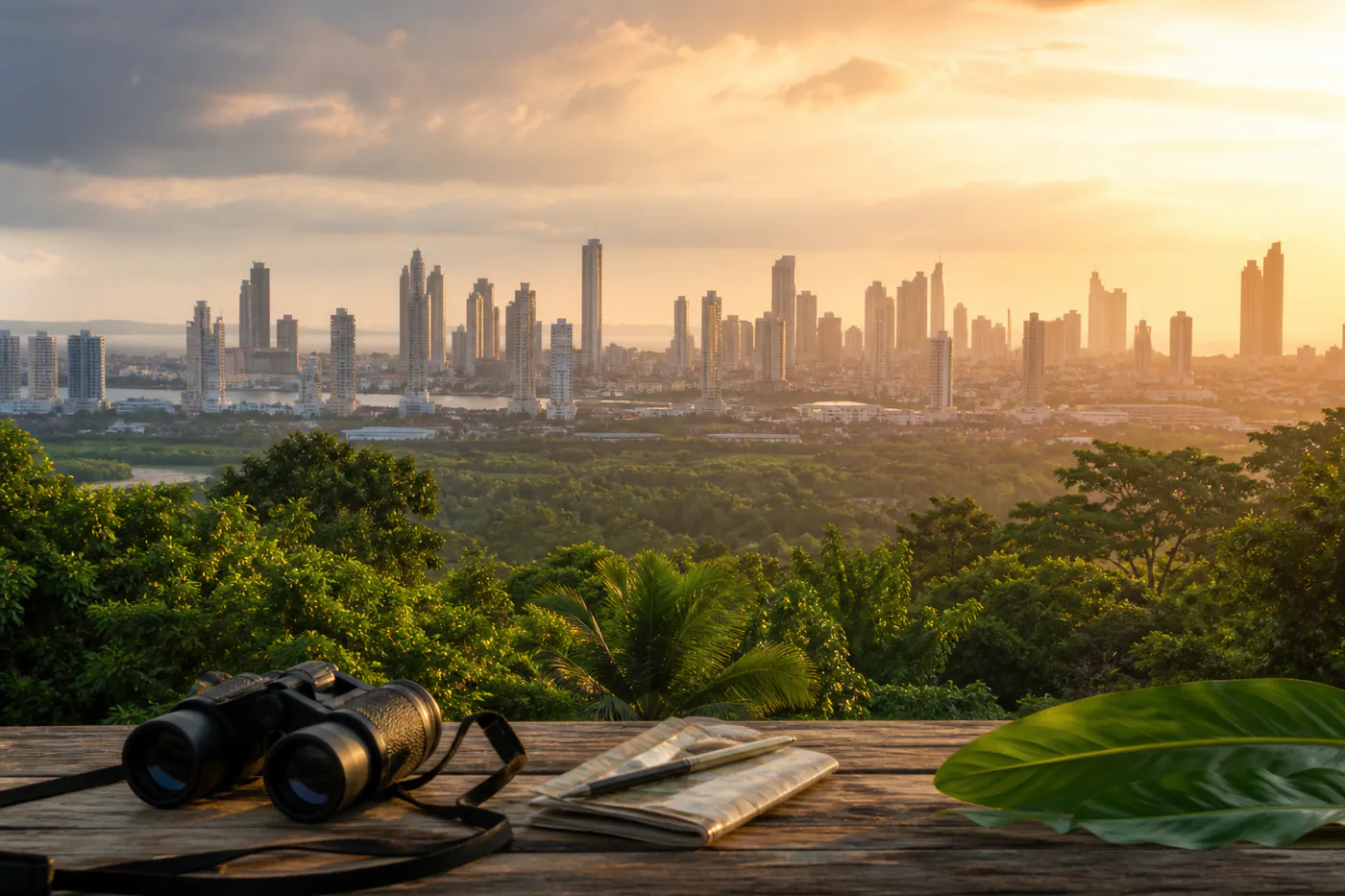 Panama City skyline seen beyond a field desk with binoculars, transit notes, and rainforest canopy at golden hour
