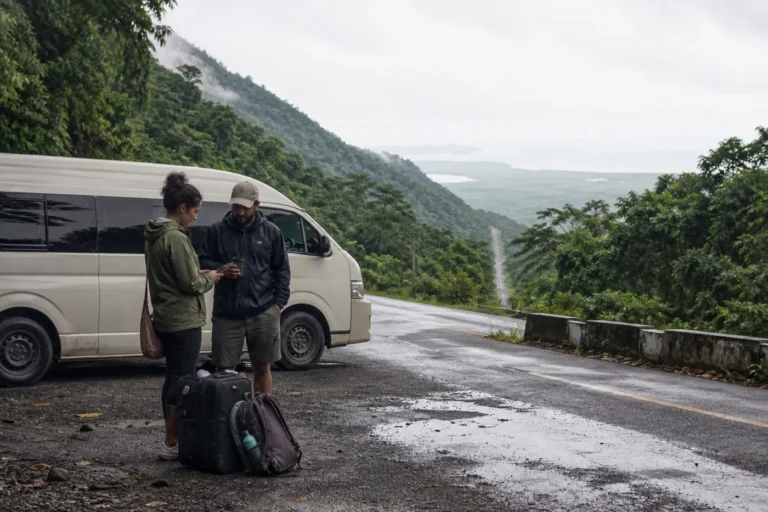 Travelers beside a shuttle at a wet Hummingbird Highway overlook between forested Belizean mountains and the coastal lowlands