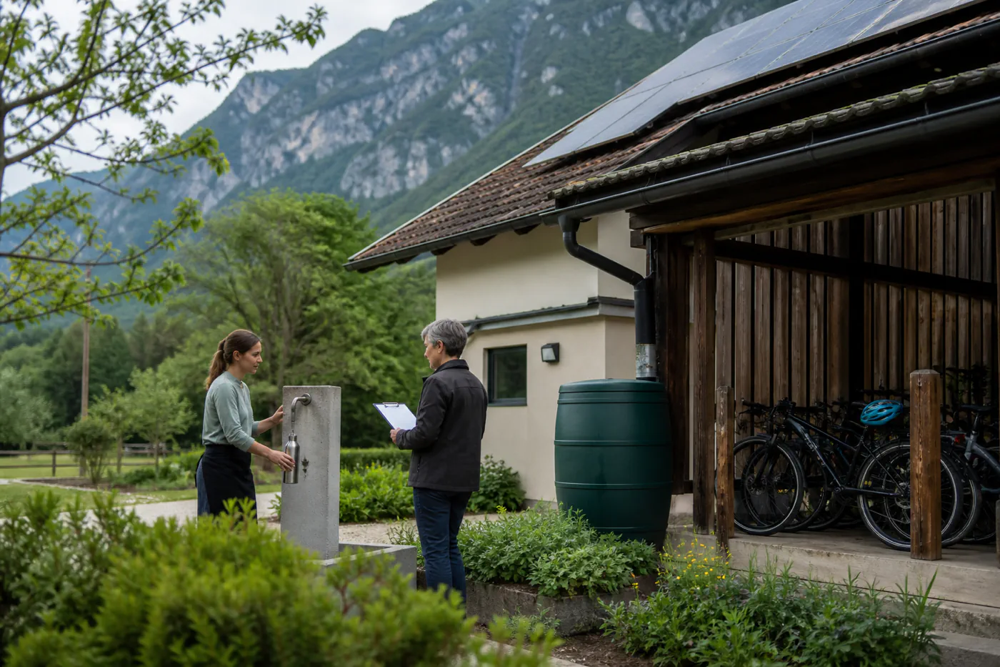 Lodge manager and independent reviewer inspecting a refill station, rain barrel, bicycles, and solar panels at a Slovenian alpine property