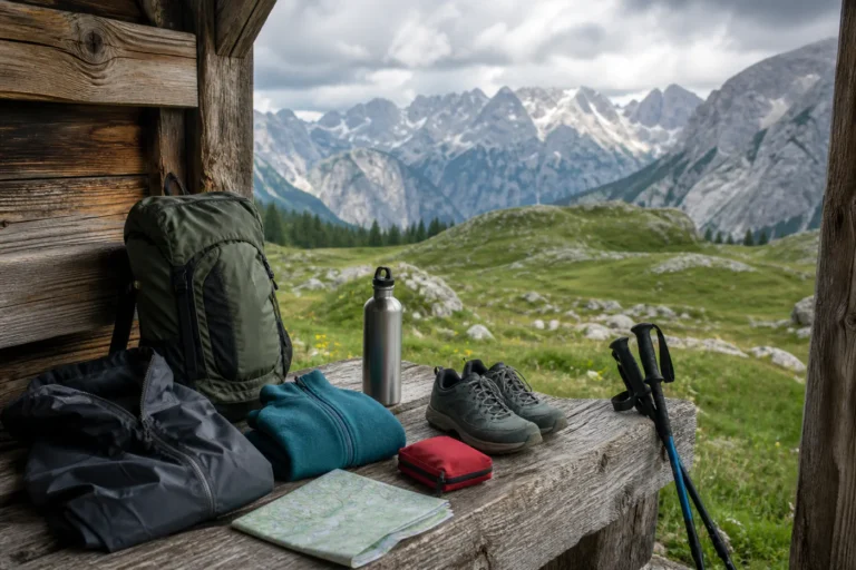 Hiking shoes, rain shell, warm layer, map, first-aid kit, metal water bottle, poles, and backpack on a mountain shelter bench