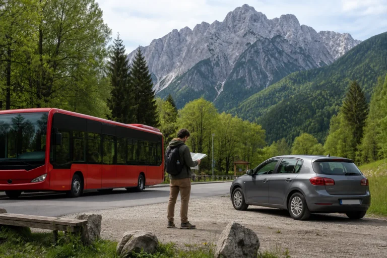 Traveler reading a map at a rural Slovenian stop with a public bus on one side and a compact rental car on the other