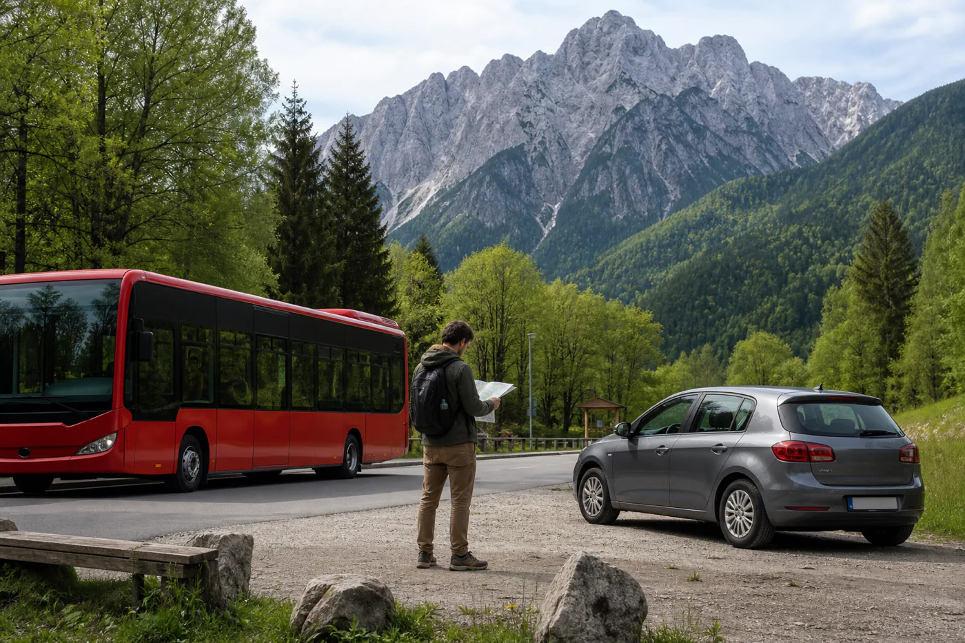 Traveler reading a map at a rural Slovenian stop with a public bus on one side and a compact rental car on the other