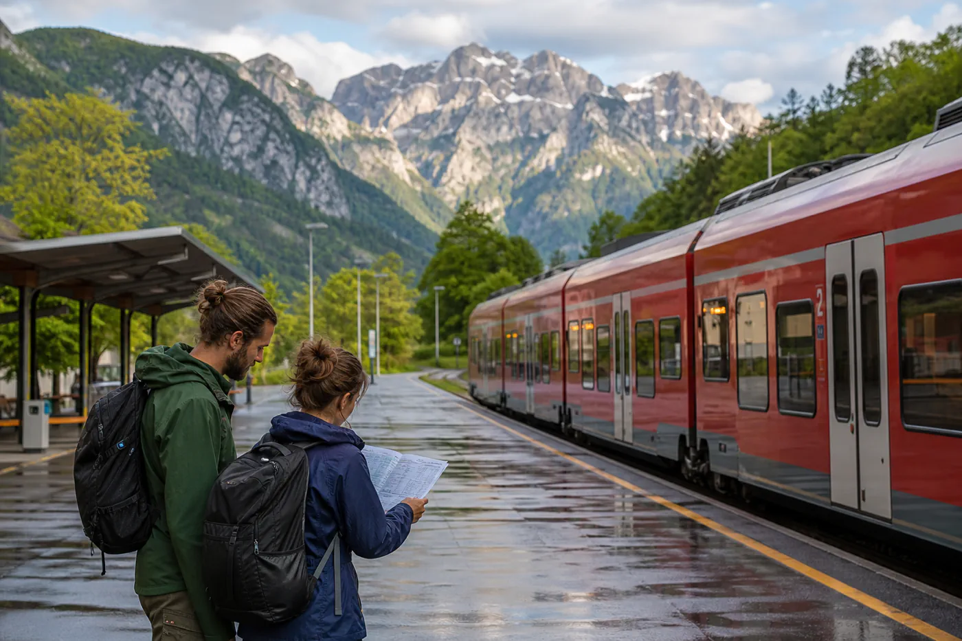 Two travelers with light luggage beside a red passenger train at a small Slovenian alpine station after rain