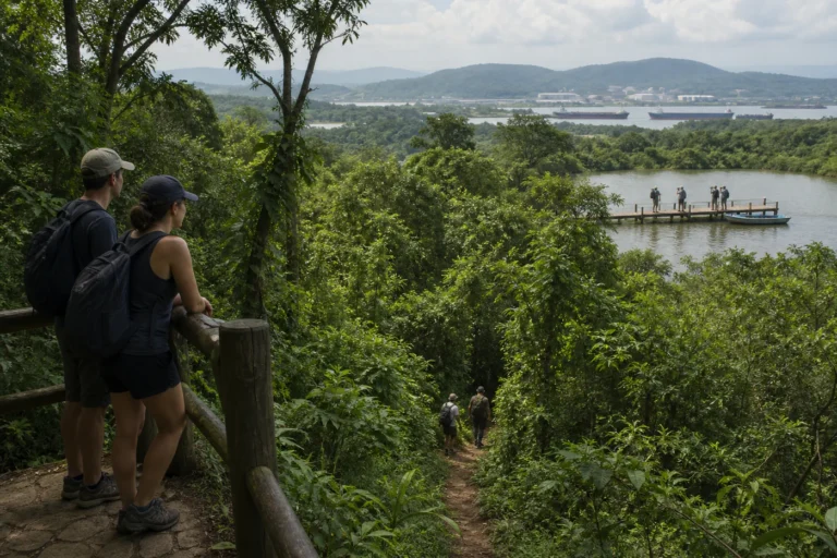Editorial scene combining an urban forest lookout, deeper canal-zone rainforest trail, and a Gamboa dockside birding edge