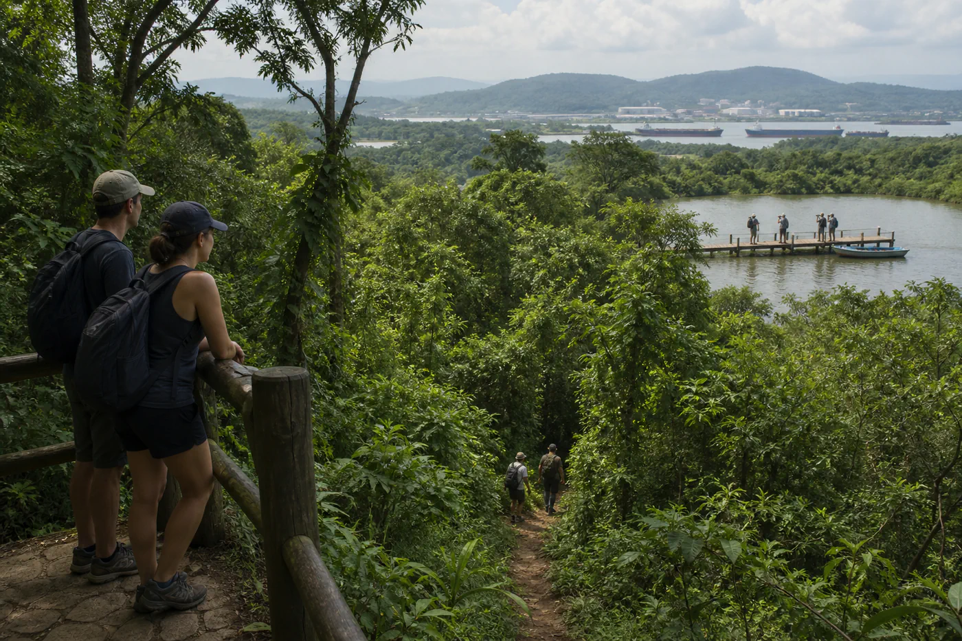 Editorial scene combining an urban forest lookout, deeper canal-zone rainforest trail, and a Gamboa dockside birding edge