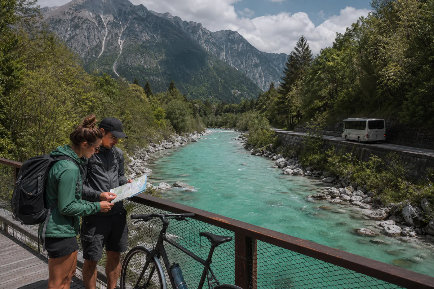 Two travelers with a bicycle and map on a bridge above the turquoise Soča River as a local minibus approaches