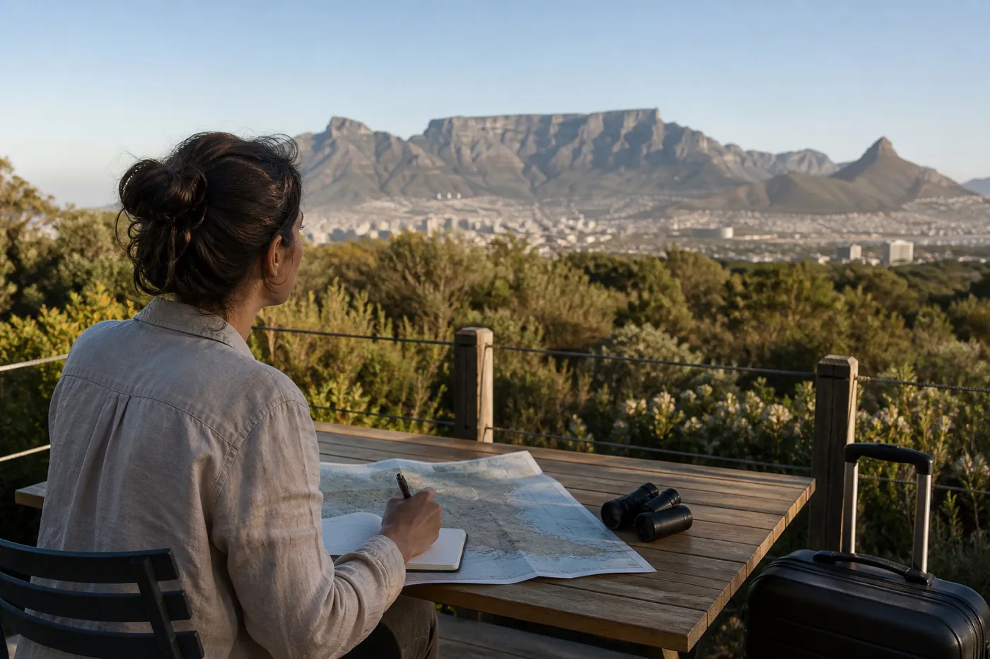 Traveler comparing a South Africa map and field notebook on a terrace above Cape Town
