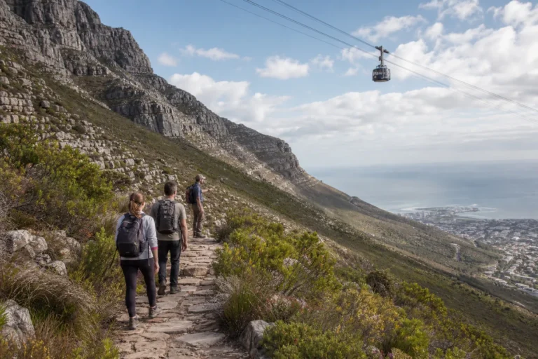 Small guided hiking group on a marked Table Mountain trail with a cable car visible high above the slope