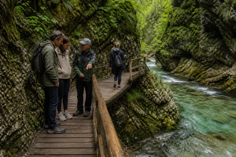 Local guide leading a small group along a wet wooden boardwalk above the Radovna River in Vintgar Gorge