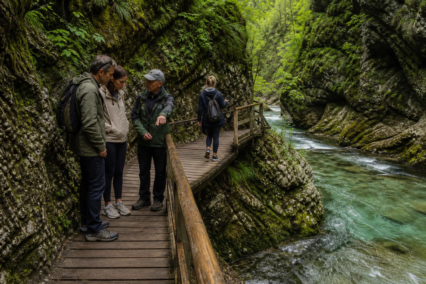 Local guide leading a small group along a wet wooden boardwalk above the Radovna River in Vintgar Gorge